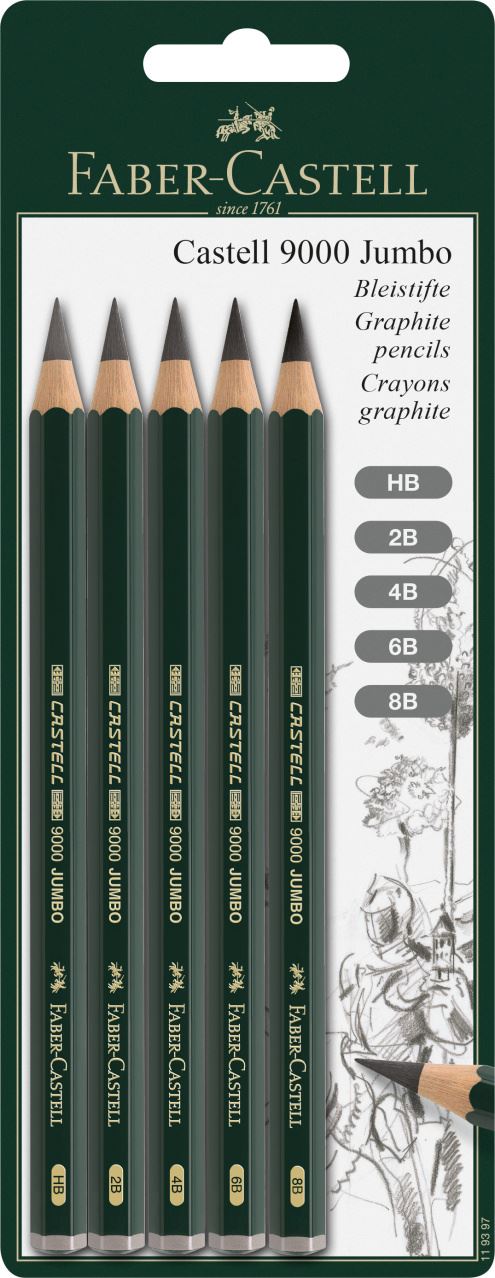 Faber-Castell - CASTELL9000 粗芯素描铅笔  5支卡装（HB/2B/4B/6B/8B)