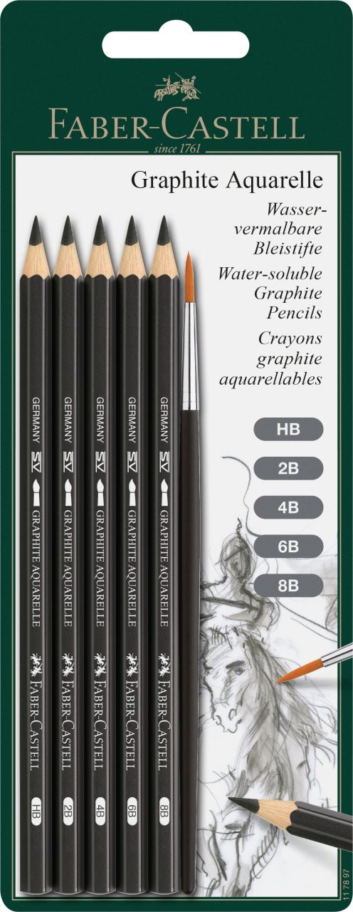 Faber-Castell - GRAPHITE AQUARELLE水溶素描铅笔  HB/2B/4B/6B/8B组合卡装(内赠水彩画笔）